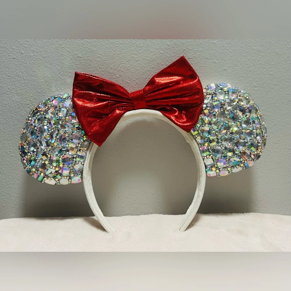 Disney Ears Rhinestones Red Bow Handmade - Picture 3 of 5